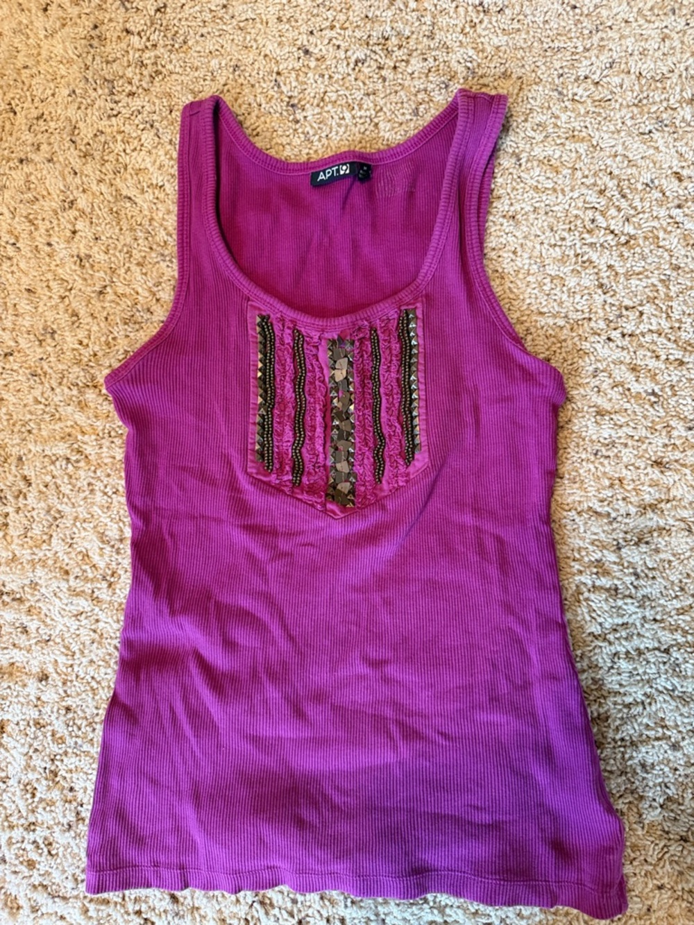 Apt. 9 Magenta Ribbed Tank with Beaded Front Panel